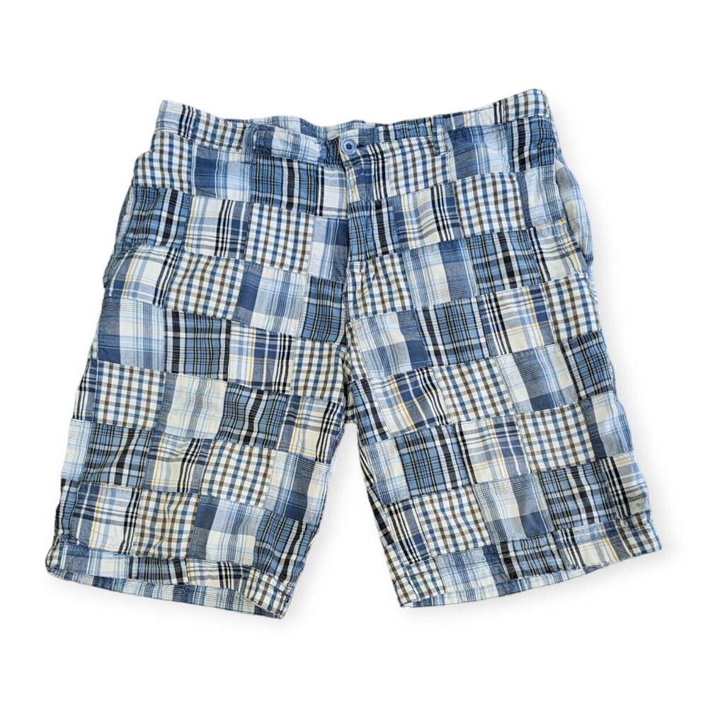 Vintage Madras Plaid Baggy Shorts Long Jorts Wide Leg 90S Y2K Blue Gray Preppy